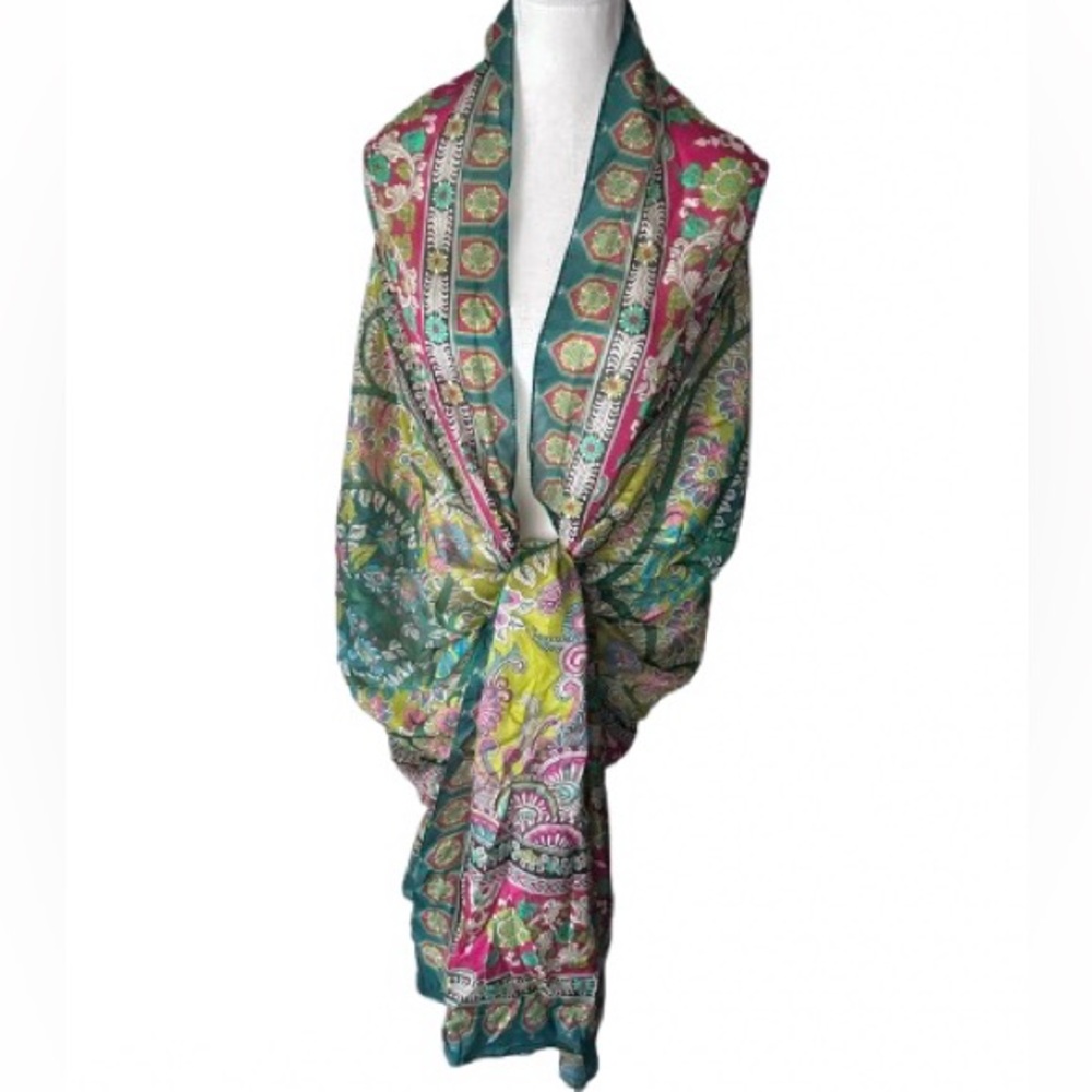NWT 100% Silk Long Scarf Wrap Mandala Floral Boho Pink Aqua Blue Teal NEW - Picture 2 of 14